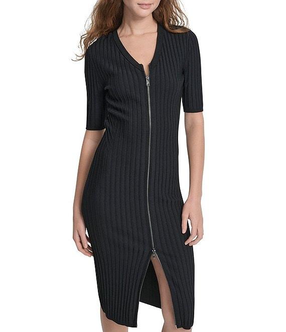 DKNY by Donna Karan Ribbed Knit V-Neck Short Sleeve Zip Front Midi Sheath Dress Product Image