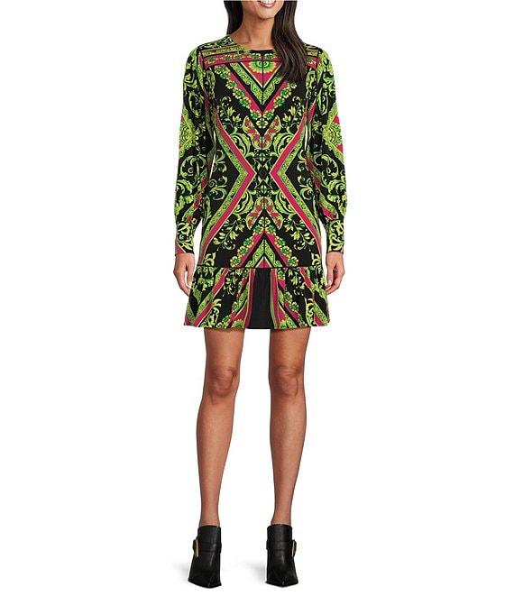 Eva Varro Alicia Flounce Scarf Print Crew Neck Long Sleeve Ruffle A-Line Dress Product Image