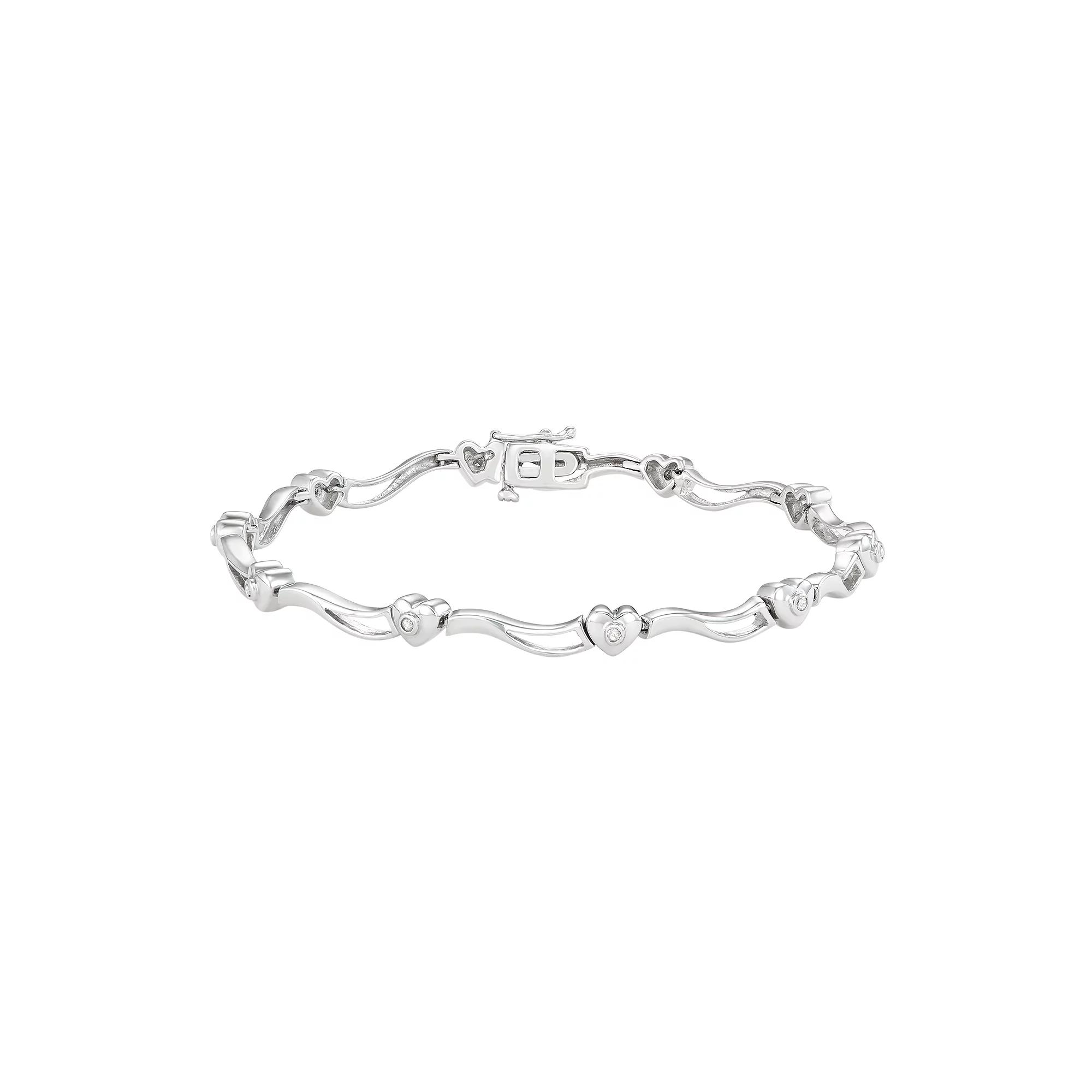 Sterling Silver 1/10 Carat T.W. Diamond Heart Bracelet, Women's, Size: 7", White Product Image