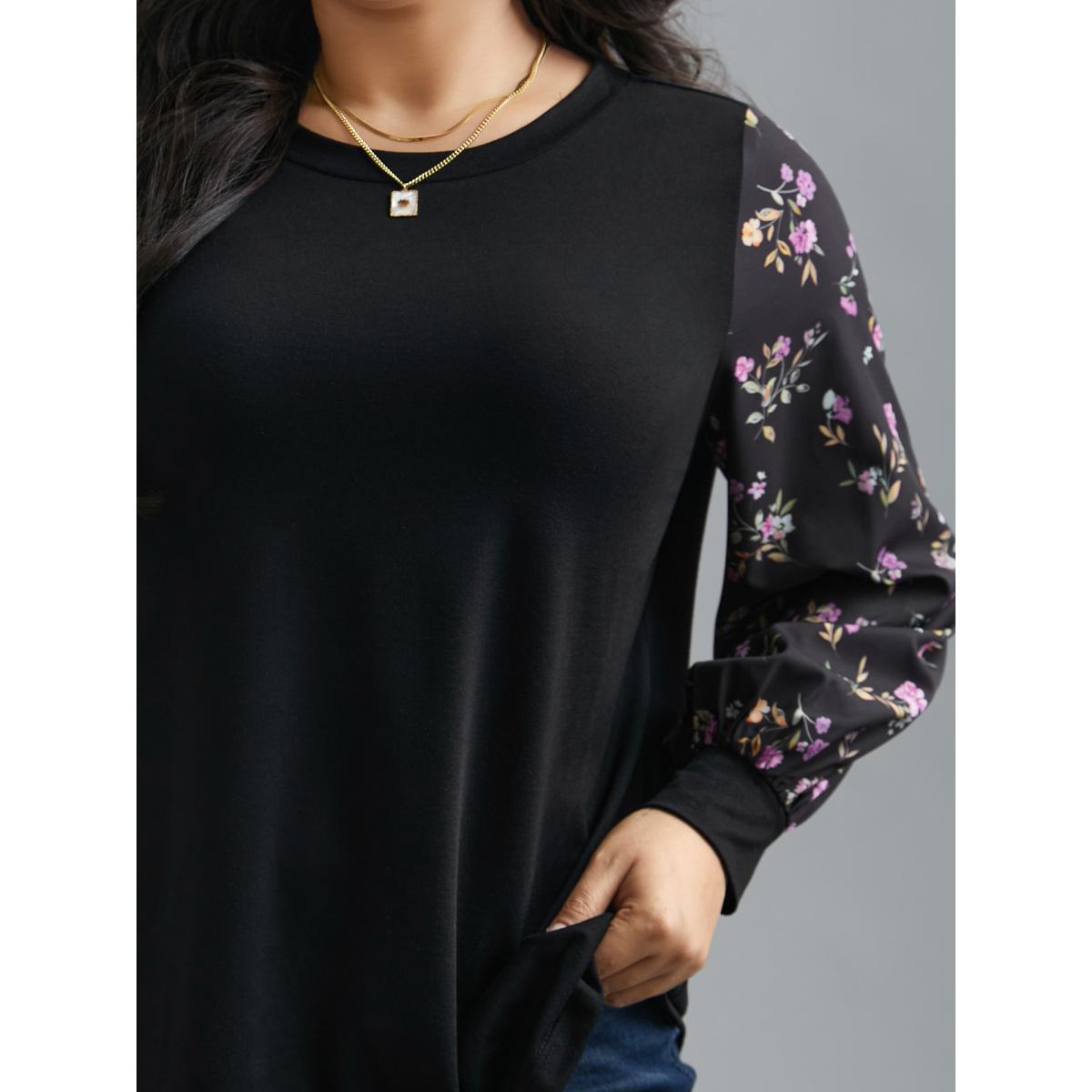 Plus Size Floral Spliced Sleeve Stretchy T-Shirt Black Women Elegant Contrast Natural Flowers Round Neck Everyday T-shirts BloomChic 14-16/1X Product Image