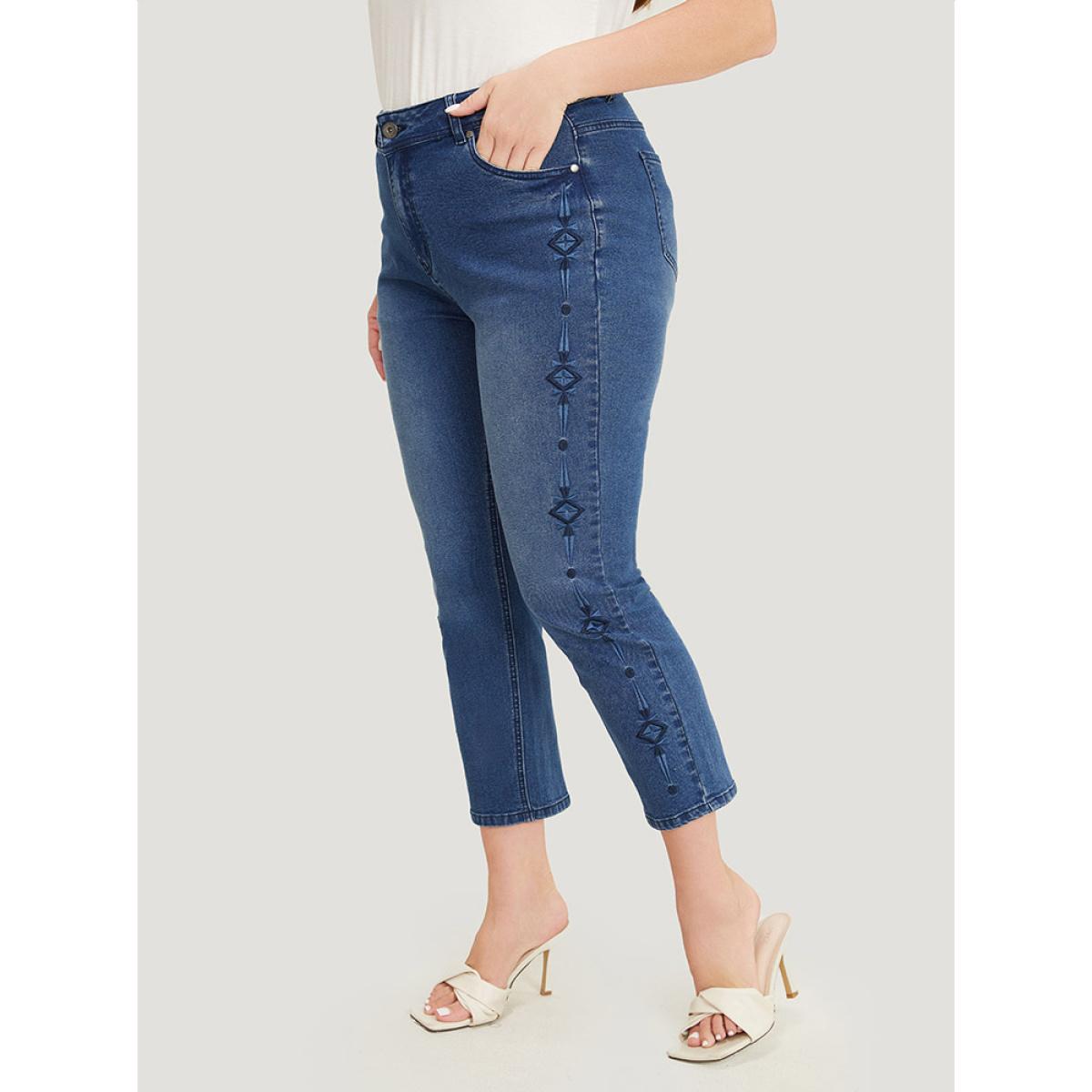 Plus Size Very Stretchy Medium Wash Geometric Embroidered Jeans Women Indigo Casual Plain Embroidered High stretch Jeans BloomChic 12/L Product Image