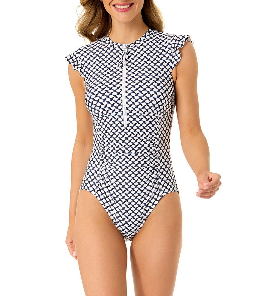 Anne Cole Neo Geo Crew Neck Flutter Sleeves Zip Front One Piece Swimsuit Product Image