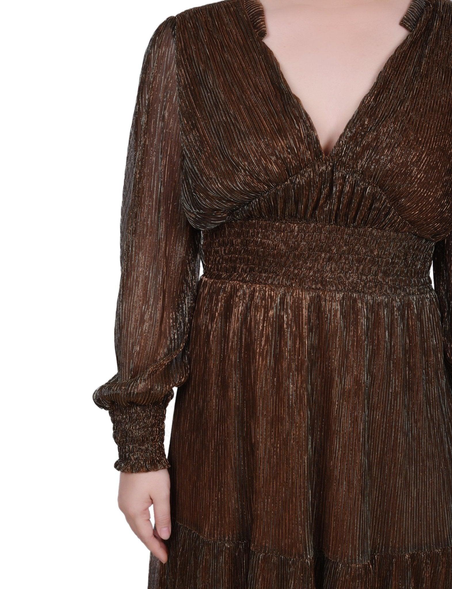Bronze Long Sleeve Plisse Mesh Dress Product Image