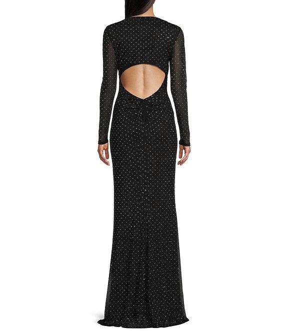 City Vibe Long Sleeve Square Neck Mesh With Studs Long Dress Product Image