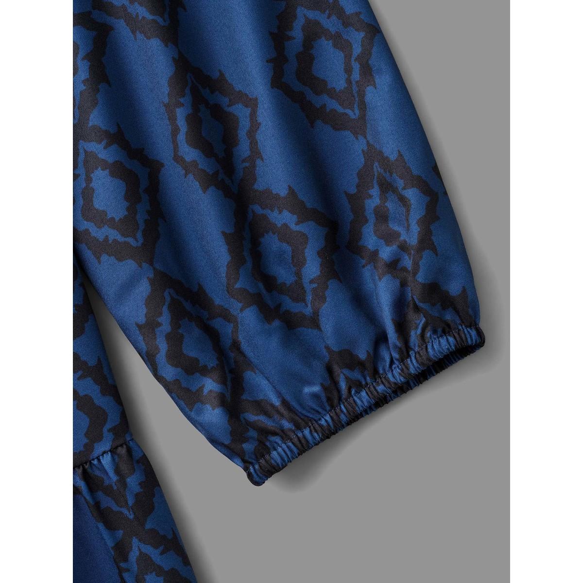 Plus Size Bandana Geometric Ruffle Layered Hem Dress Indigo Women Resort Non Round Neck Long Sleeve Curvy BloomChic 10/M Product Image