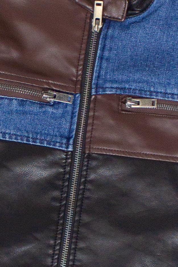 Pleather & Denim Color Block Moto Jacket Product Image