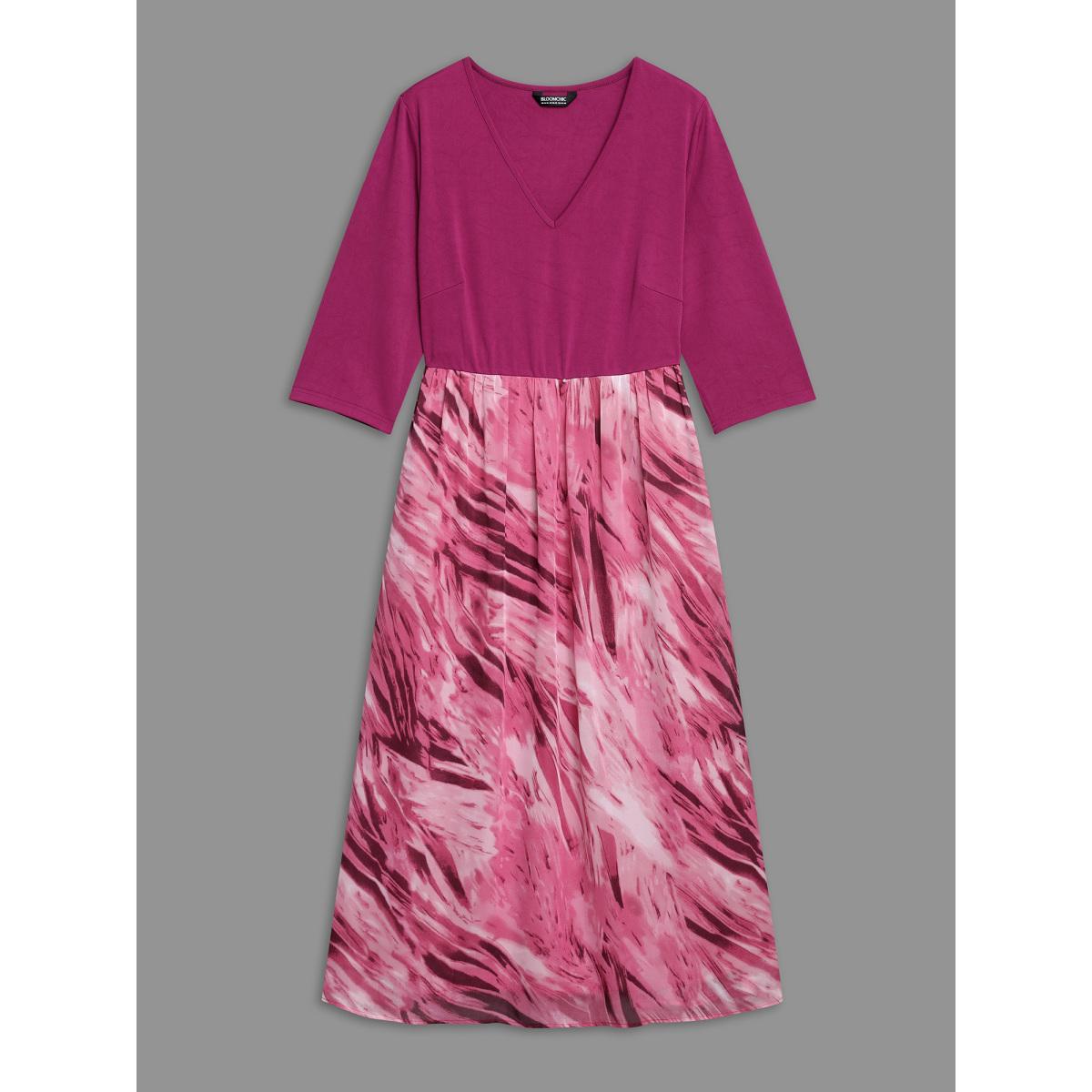 Plus Size Abstract Print Spliced V-Neck Midi Dress Rosered Women Elegant Patchwork V-neck Elbow-length sleeve Curvy BloomChic 26/4X Product Image