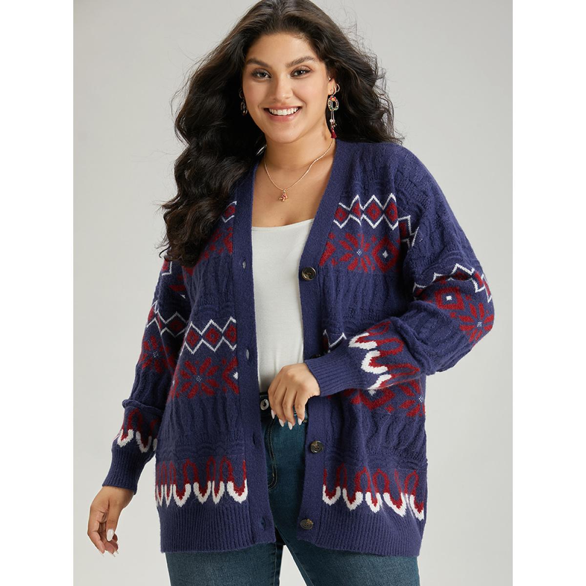 Plus Size Geometric Graphic Contrast Elastic Cuffs Button Up Cardigan Multicolor Women Casual Loose Long Sleeve Festival-Christmas Cardigans BloomChic 26/4X Product Image