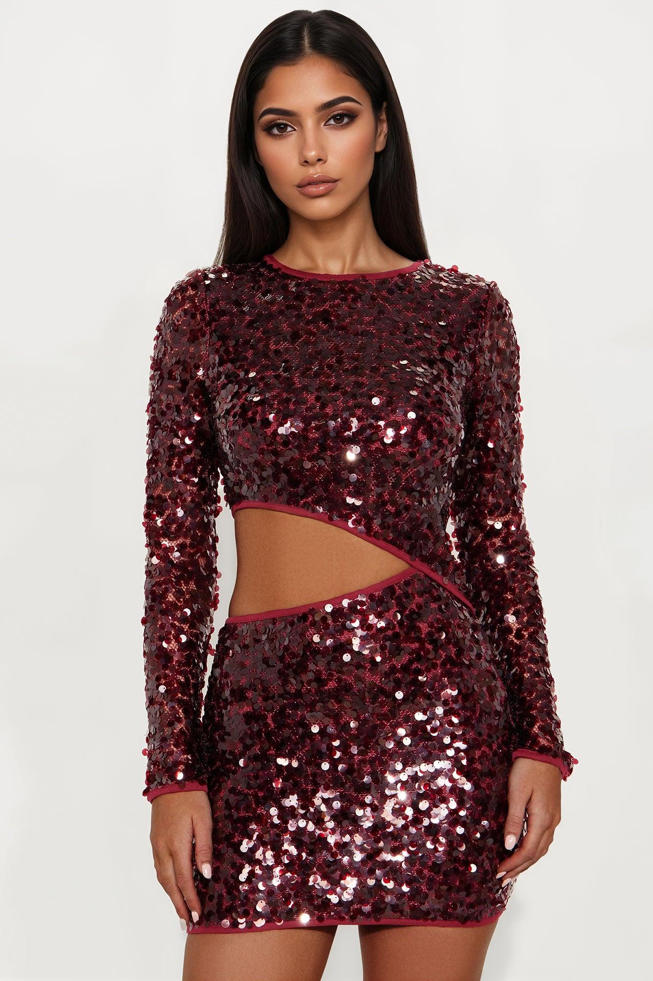 Glitz Mode Sequin Mini Dress - Wine Female Product Image