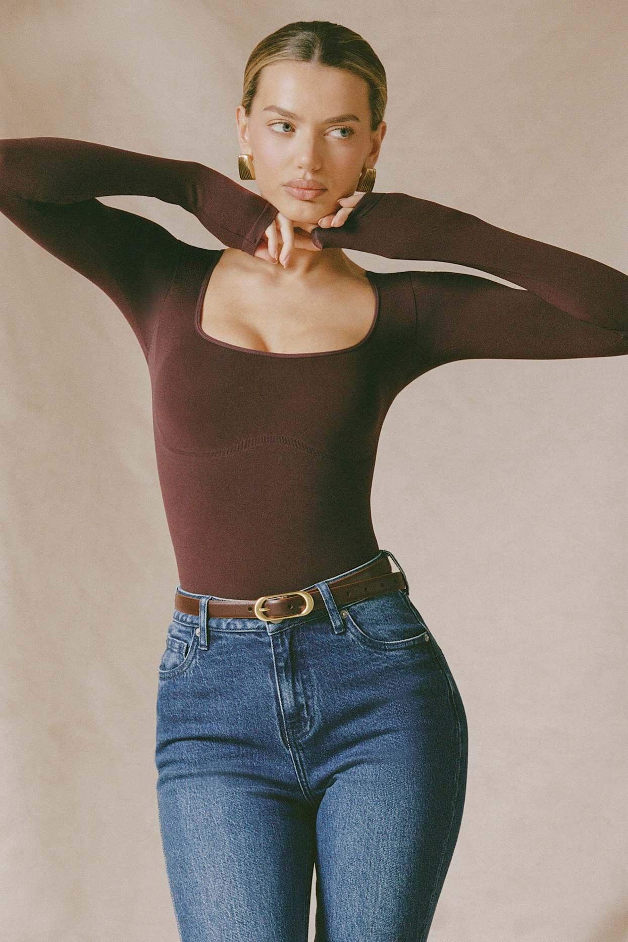 Seamless Long-Sleeve Bodysuit in Espresso Female Product Image