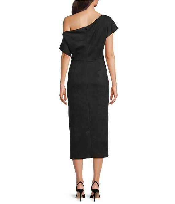 Gibson & Latimer Faux Suede Asymmetric Neck One Shoulder Off-The-Shoulder Short Sleeve Ruched Sheath Midi Dress Product Image