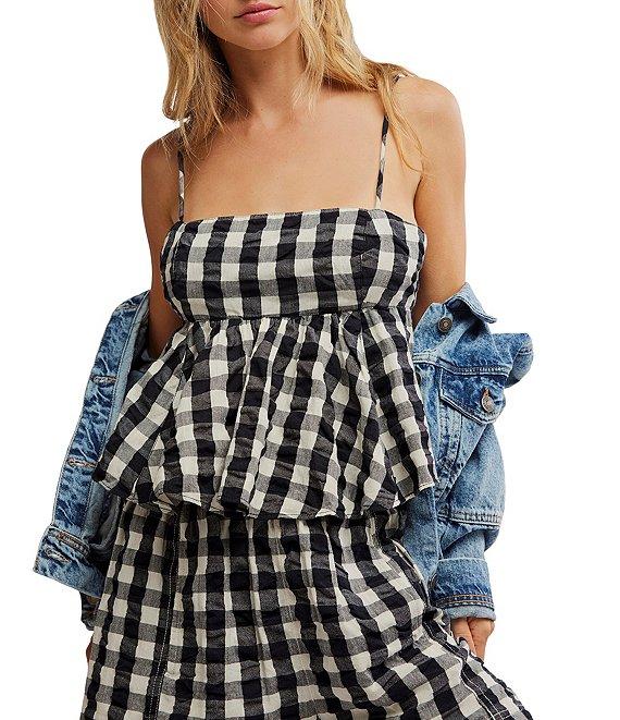 Free People Mia Woven Plaid Square Neck Sleeveless Pleated Peplum Coordinating Tank Top Product Image