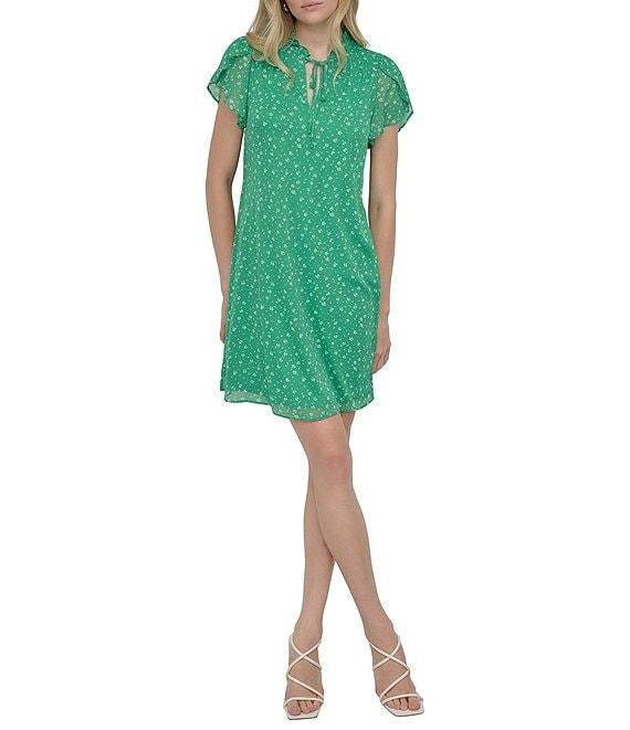 DKNY by Donna Karan Woven Floral Print Mock Neck Short Sleeve Front Tie Shift Mini Dress Product Image