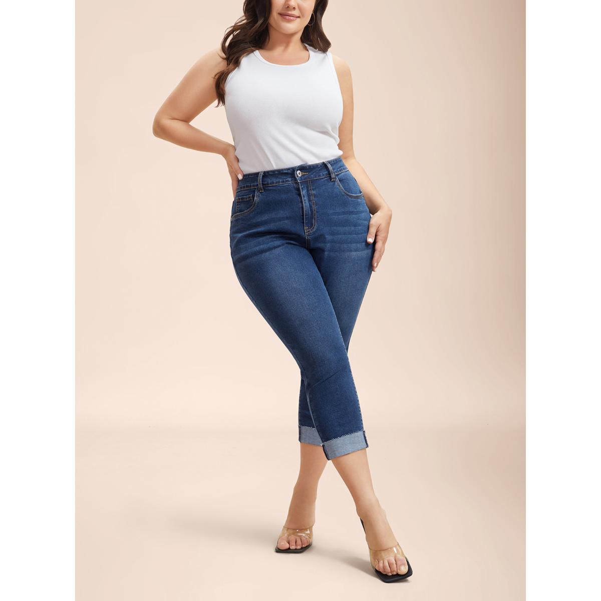 Plus Size Whiskered Rolled Hem Slim-Fit Jeans Women Bluevintage Casual Medium stretch Slanted pocket Jeans BloomChic 26/4X Product Image
