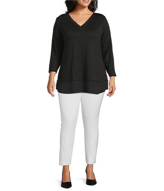 Slim Factor by Investments Plus Size Chloe V-Neck 3/4 Sleeve Mixed Media Top Product Image