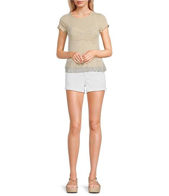 Honey & Sparkle Short Sleeve Taupe T-Shirt Layered Embroidered Tulle Babydoll Cami Top Product Image