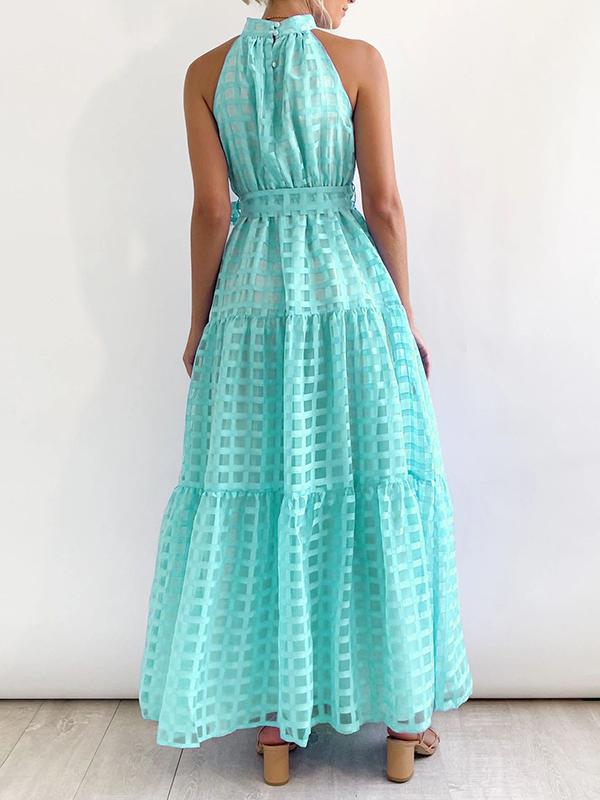 Loose Sleeveless Plaid Ribbed Stand Collar Maxi Dresses Product Image