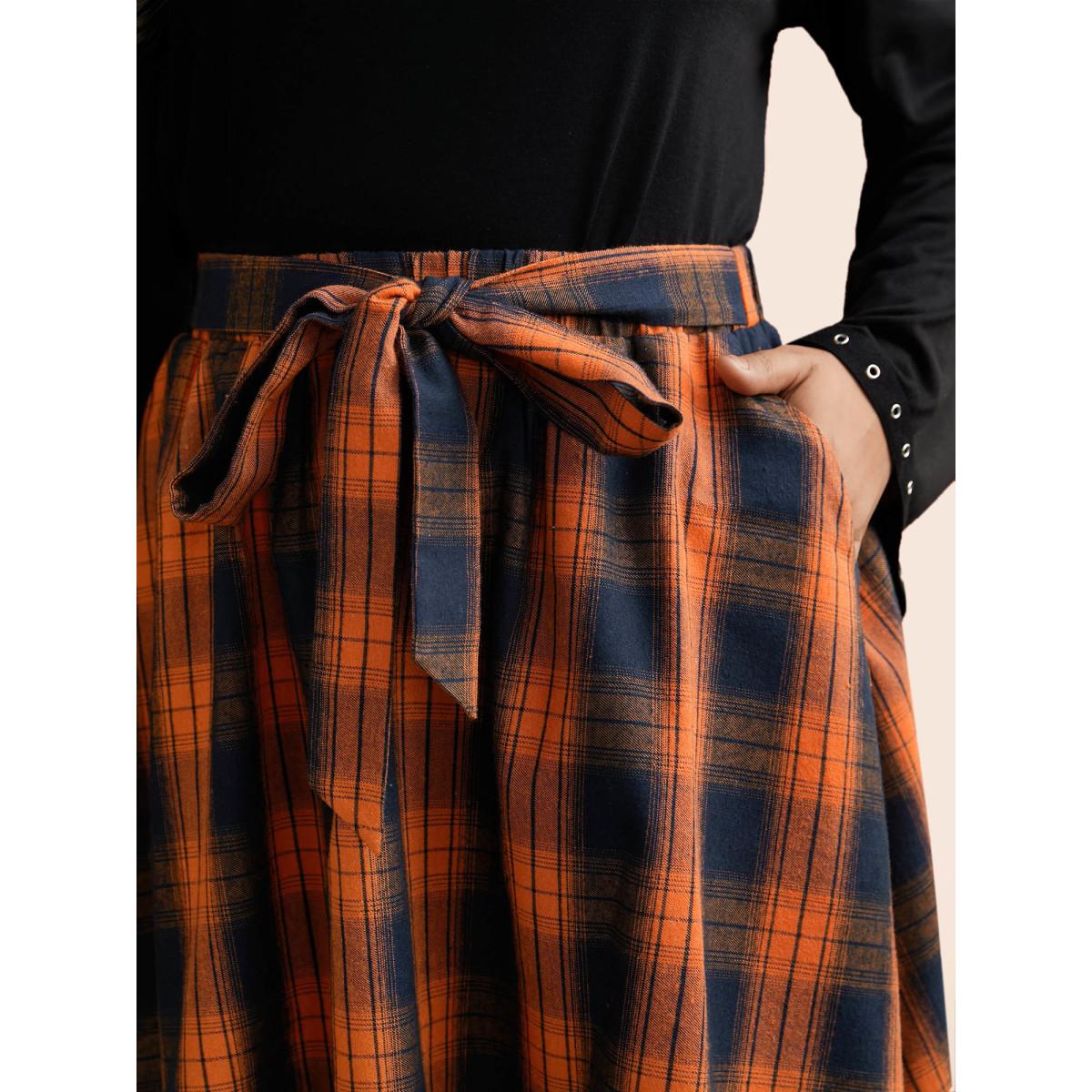 Plus Size Plaid Waist Tie A-Line Skirt Women Brightorange Elegant Tie knot No stretch Slanted pocket Belt Everyday Skirts BloomChic 12/L Product Image