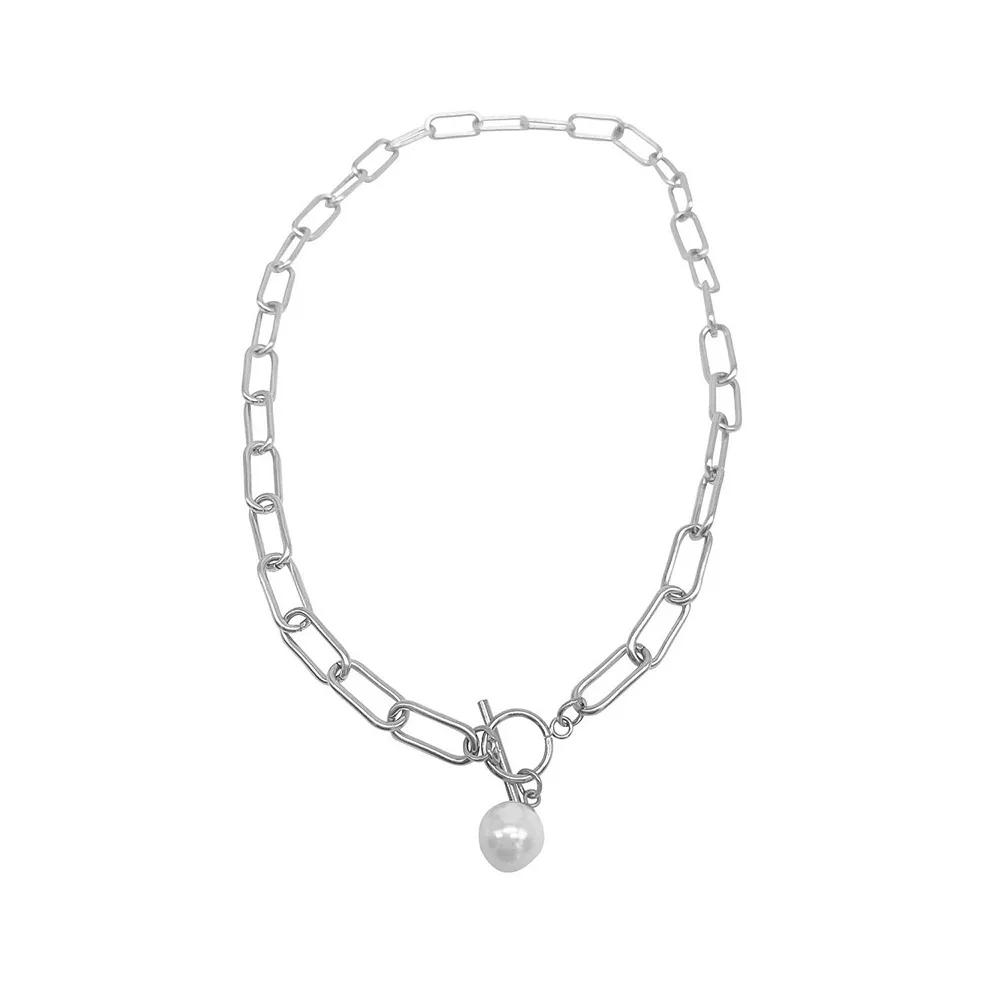 Adornia 14k Gold Plated Simulated Pearl Paper Clip Toggle Necklace, Women's, Size: 18", Silver Tone Product Image