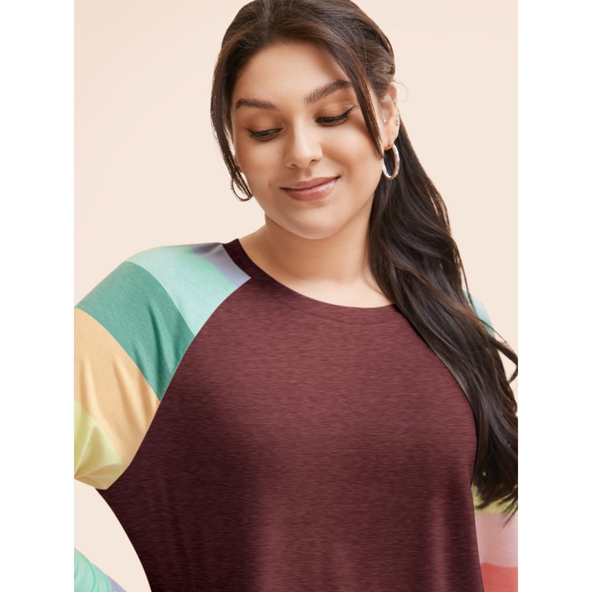 Plus Size Multi-color Striped Sleeves Loose Fit T-shirt Burgundy Women Casual Contrast Round Neck Everyday T-shirts BloomChic 10/M Product Image