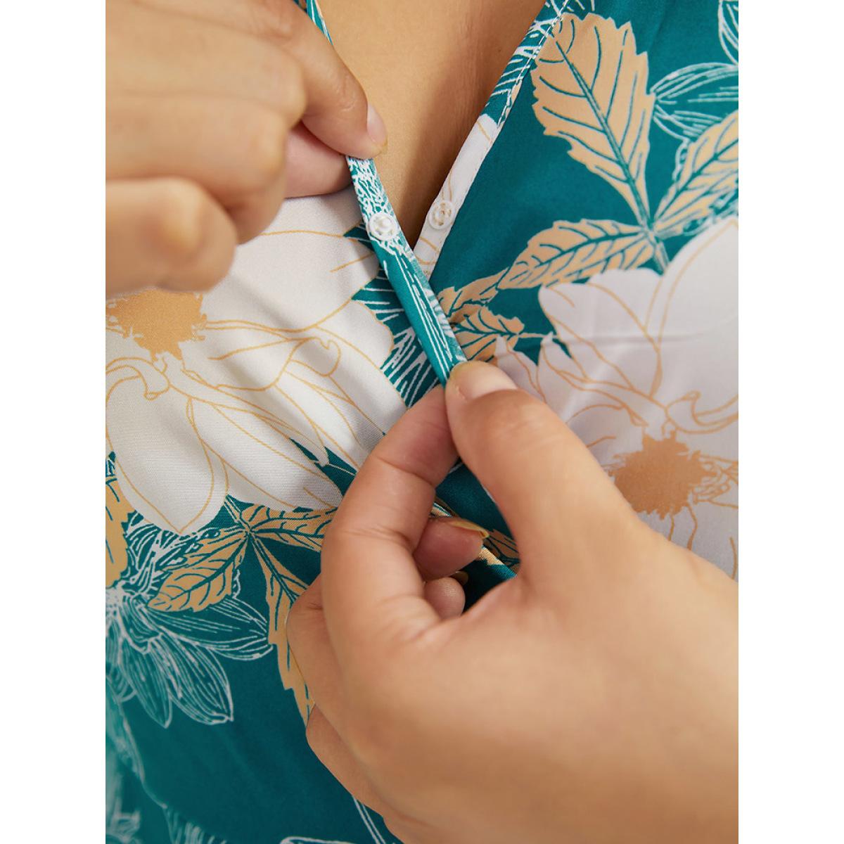 Plus Size Floral Print Wrap Tassel Trim Lantern Sleeve Dress Cerulean Women Elegant Elastic cuffs V-neck Long Sleeve Curvy Midi Dress BloomChic 30/6X Product Image