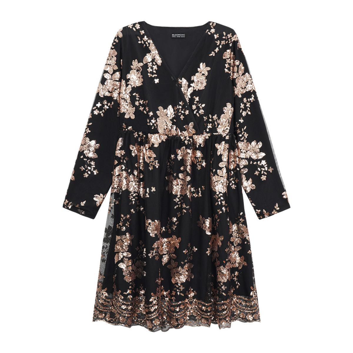 Plus Size Floral Sequin Elastic Waist Mesh Wrap Dress Black Women Party&Cocktail Sequin Overlap Collar Long Sleeve Curvy Midi Dress BloomChic 14-16/1X Product Image