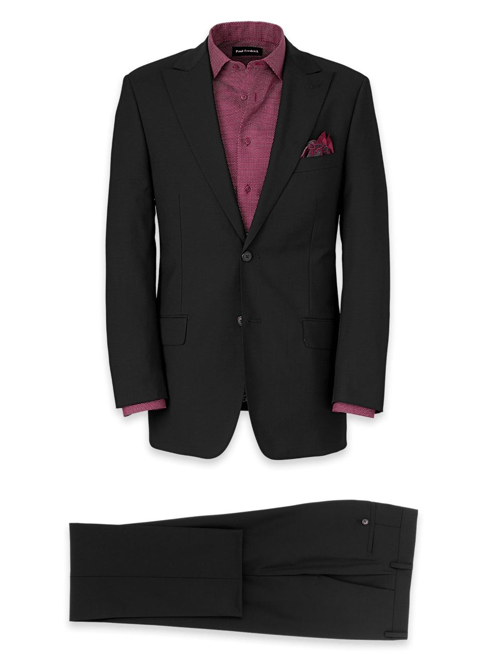 Wool Stretch Bengaline Single Breasted Peak Lapel Suit - Black Product Image