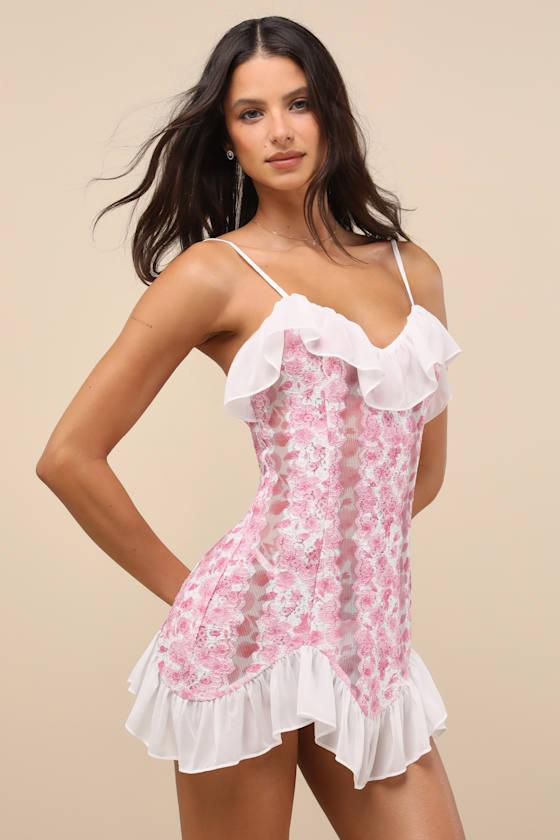 Trinity Pink and White Floral Sheer Lace Ruffled Lingerie Slip Product Image