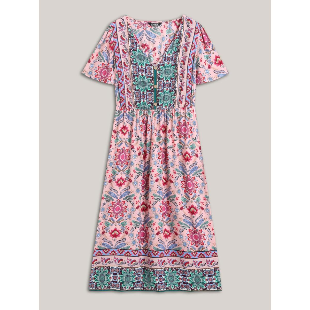 Plus Size Rayon Floral Print A-Line Buttons Midi Dress Crepe Women V-neck Short sleeve Curvy BloomChic 22-24/3X Product Image