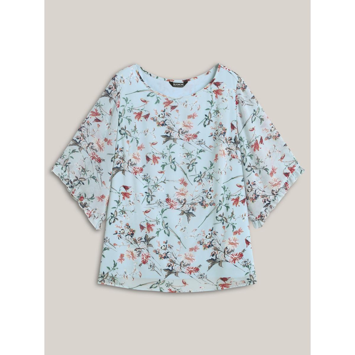 Plus Size LightBlue Chiffon Floral Print Flowy Blouse Women Timeless Elbow-length sleeve Boat Neck Elegant Blouses BloomChic 12/L Product Image