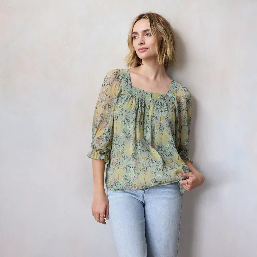 Petite LC Lauren Conrad Henley Square Neck Peasant Top, Women's, Size: XS Petite, Green Botanica Product Image