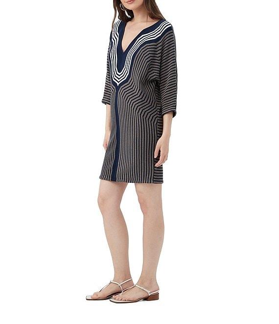 Trina Turk Gallivant Printed Rib Knit Deep V-Neck 3/4 Sleeve Sweater Dress Product Image