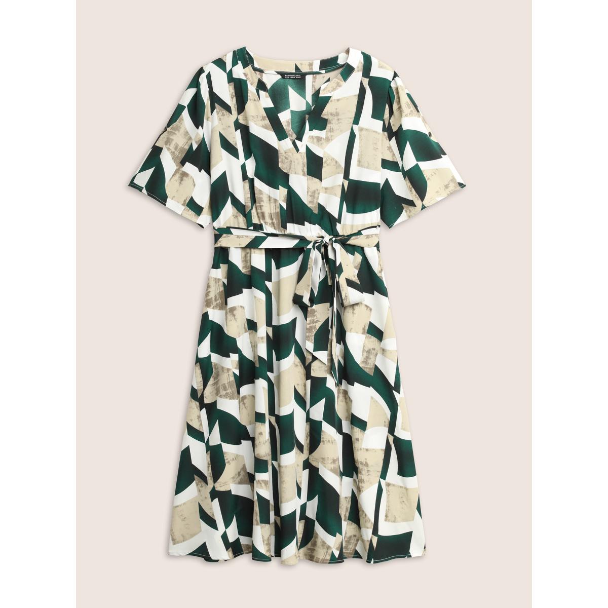 Plus Size Geometric Pocket Flat Collar With V Notch Dress DarkGreen Women At the Office Belted Flat collar with V-notch Short sleeve Curvy Midi Dress BloomChic 22-24/3X Product Image