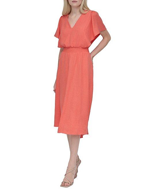 DKNY by Donna Karan V-Neck Flutter Sleeve Smocked Waist Gauze Blouson Midi Dress Product Image
