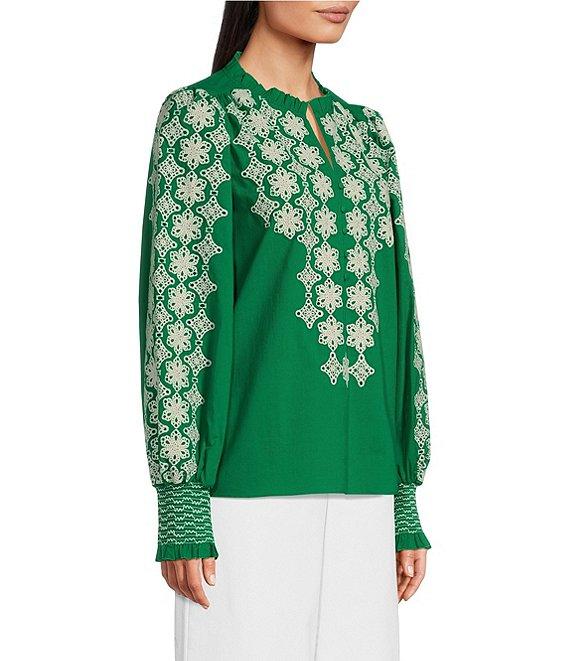 Gibson & Latimer Woven Embroidered Floral Ruffled Slit Round Button Front Neck Long Blouson Sleeve Hi-Low Shirttail Blouse Product Image