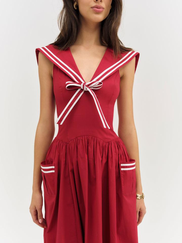 Helena Poplin Collared Midi Dress — Red Product Image