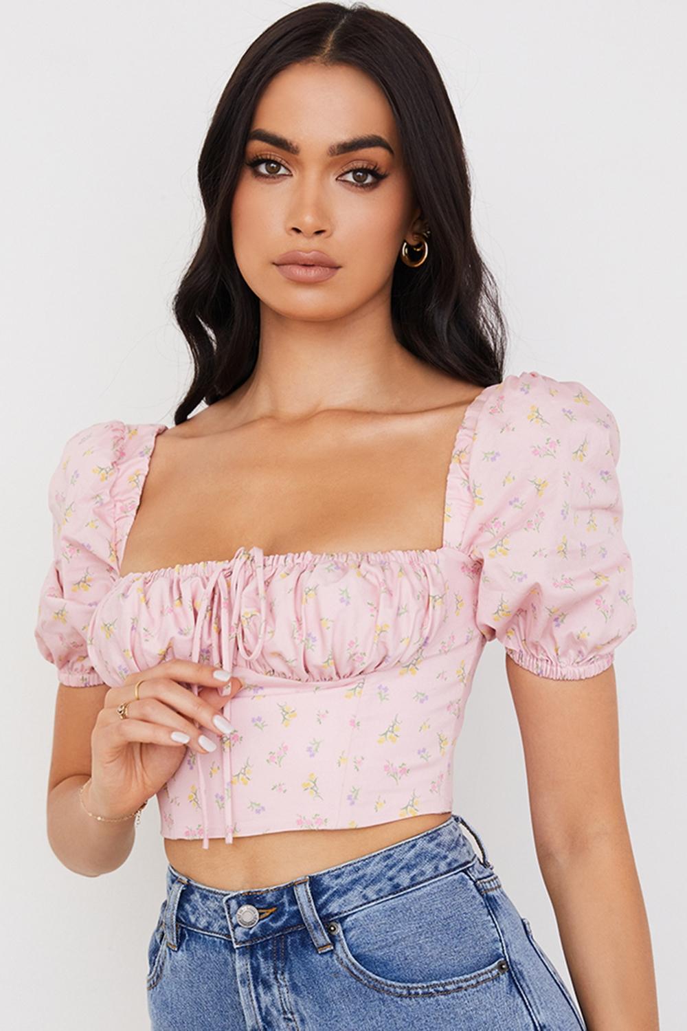 Arianna  pink floral puff sleeve corset Product Image