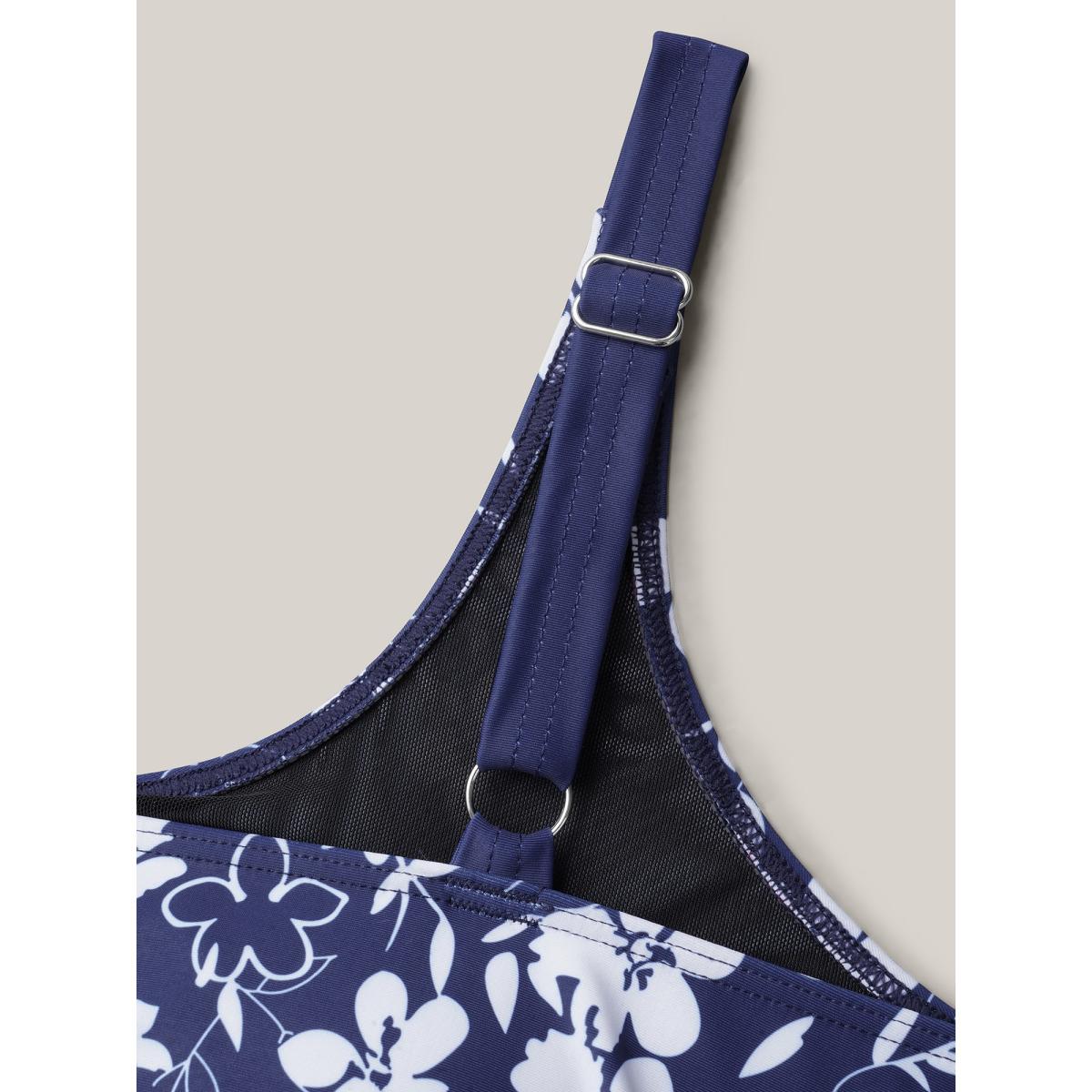 Plus Size Floral Print Contrast Non-Removable Cups Swim Top Women's Swimwear Indigo Beach Contrast High stretch Bodycon U-neck Curve Swim Tops BloomChic 22-24/3X Product Image