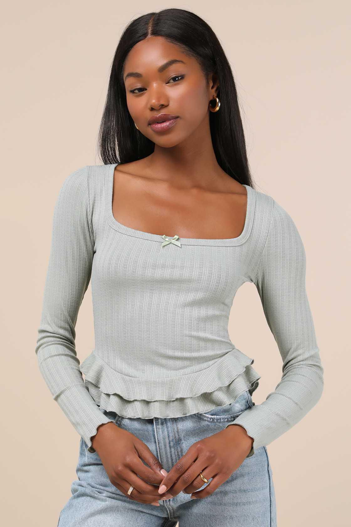 Instinctually Cute Sage Green Ribbed Ruffled Long Sleeve Top Product Image