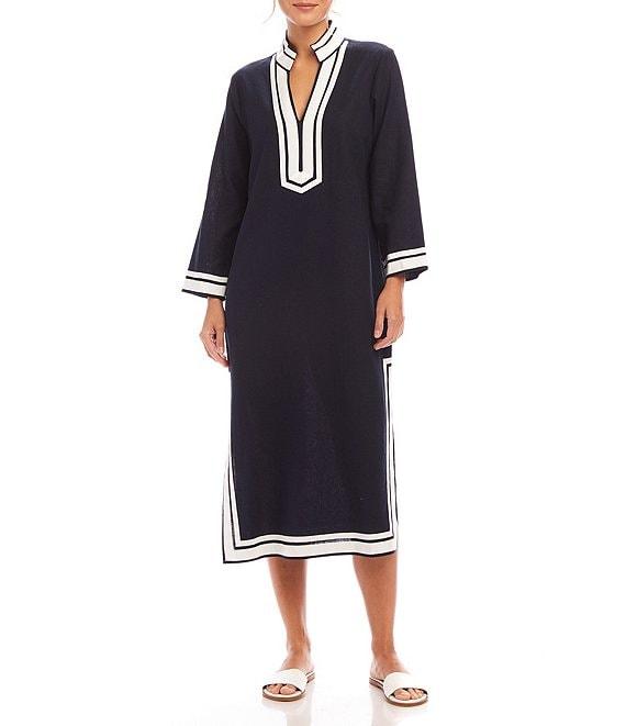 Karen Kane St. Tropez Mandarin Collar Split V-Neck Long Sleeve Midi Dress Product Image