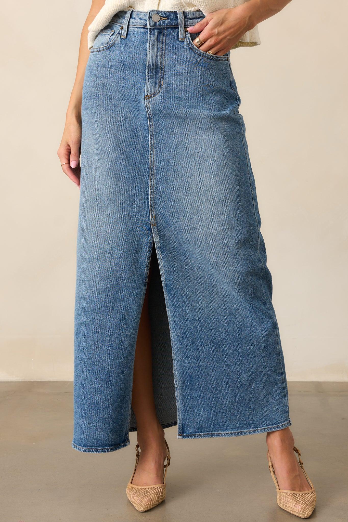 Days Of Dreaming Medium Wash Denim Midi Skirt Product Image