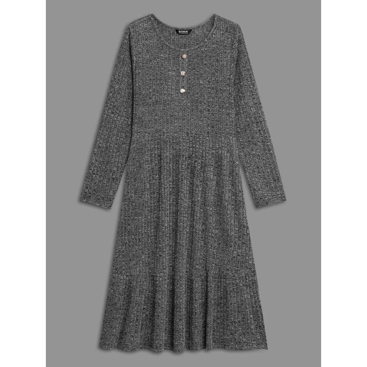 Plus Size Crew Neck Rib Knit Button Detail Dress DimGray Women Casual Texture Knit Dresses Bloomchic 28/5X Product Image