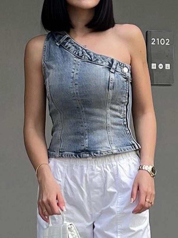 Vintage Denim One Shoulder Slim Bandeau Top Product Image