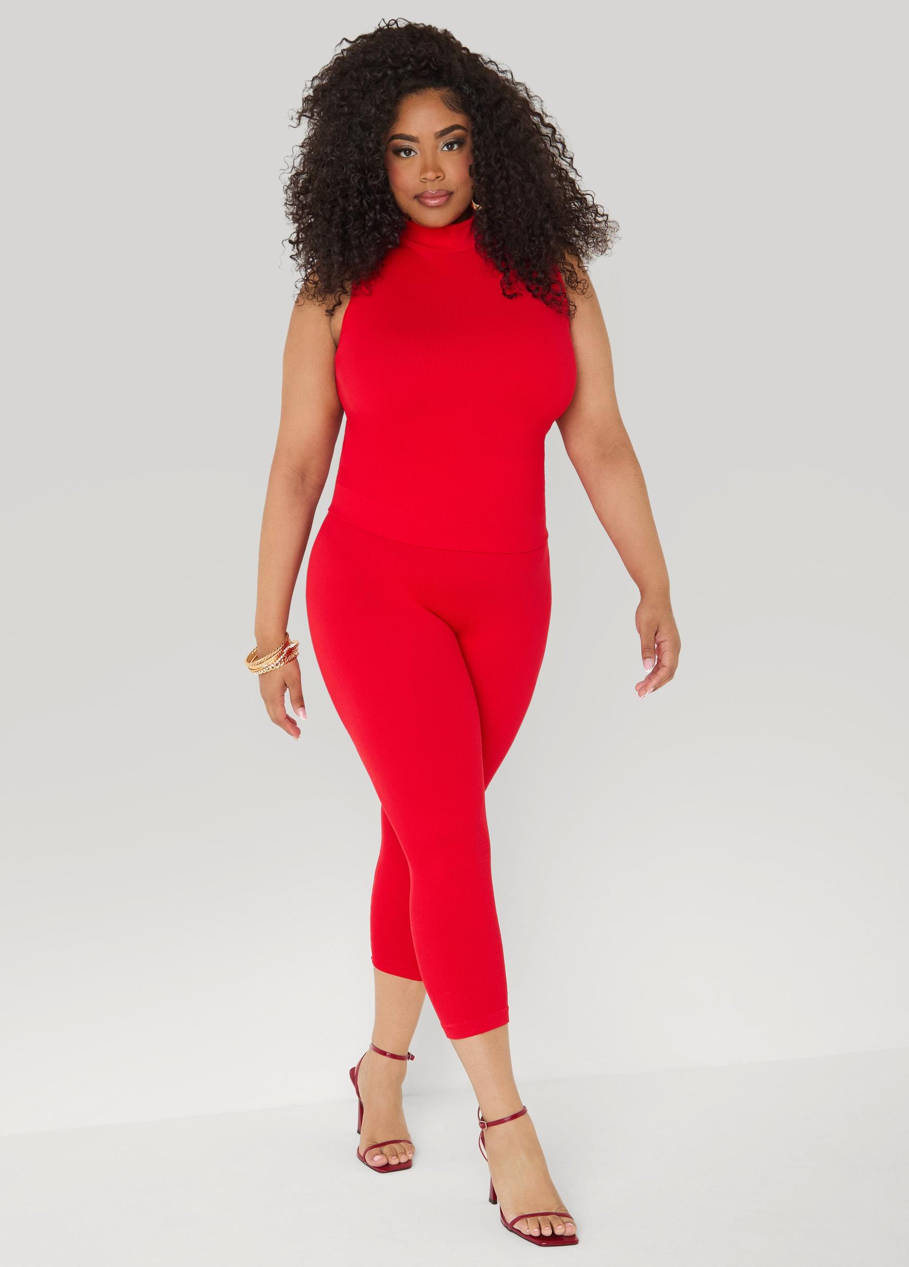 Ribbed Mock Neck Top And Capri Set Product Image
