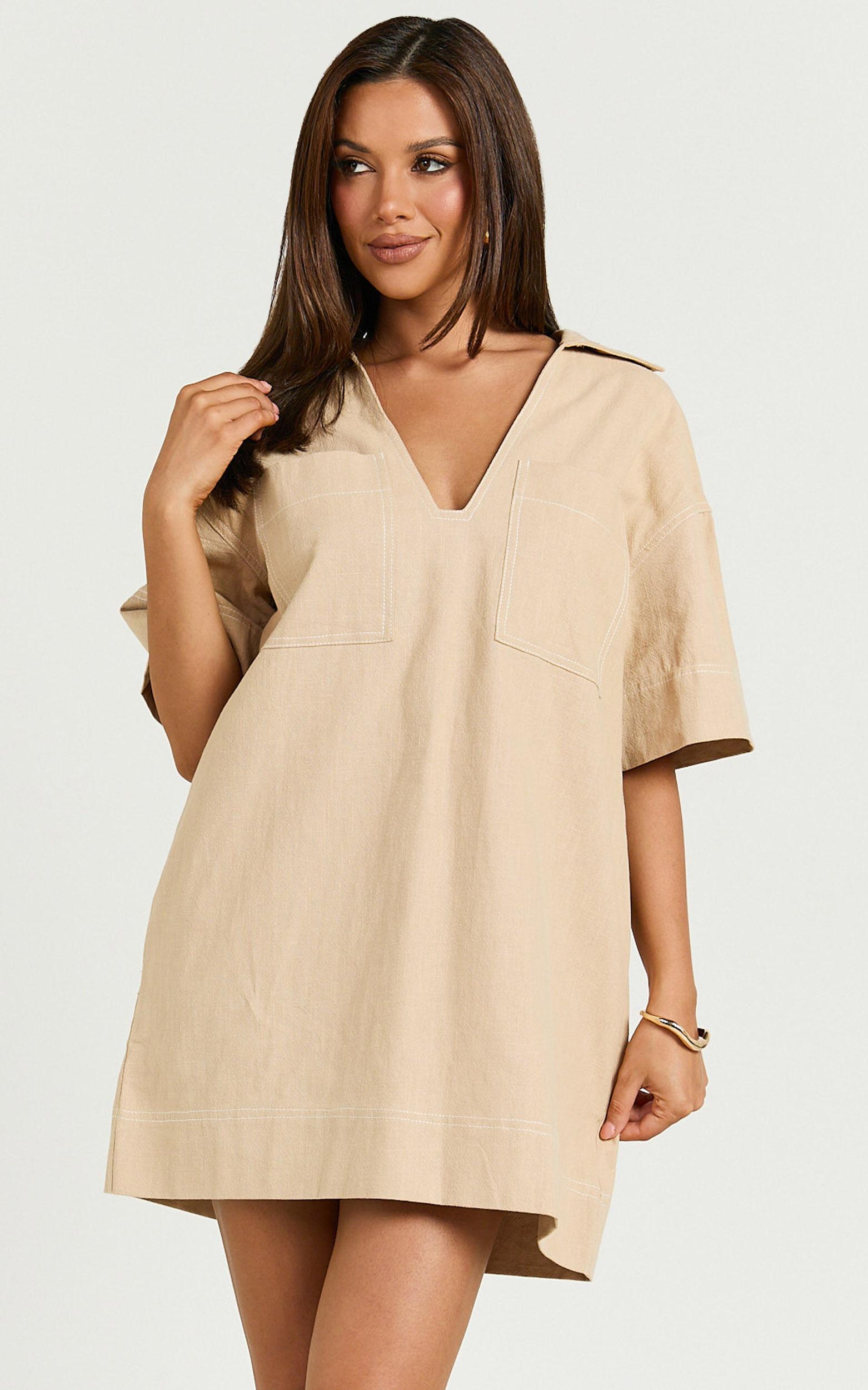 Sanvi Mini Dress - Linen Collared Pocket Shift Dress in Beige Product Image