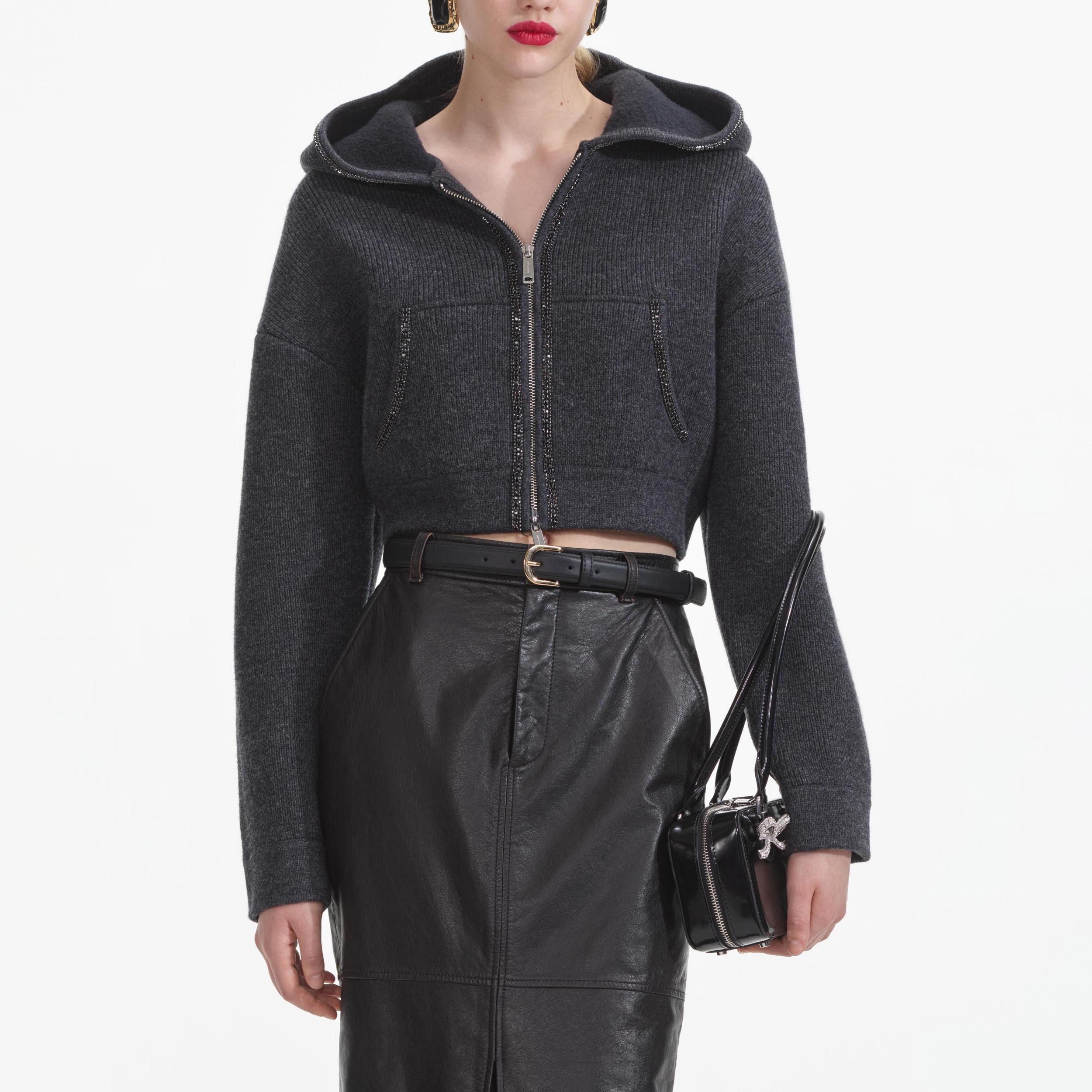 Grey Knit Cropped Hoodie Product Image