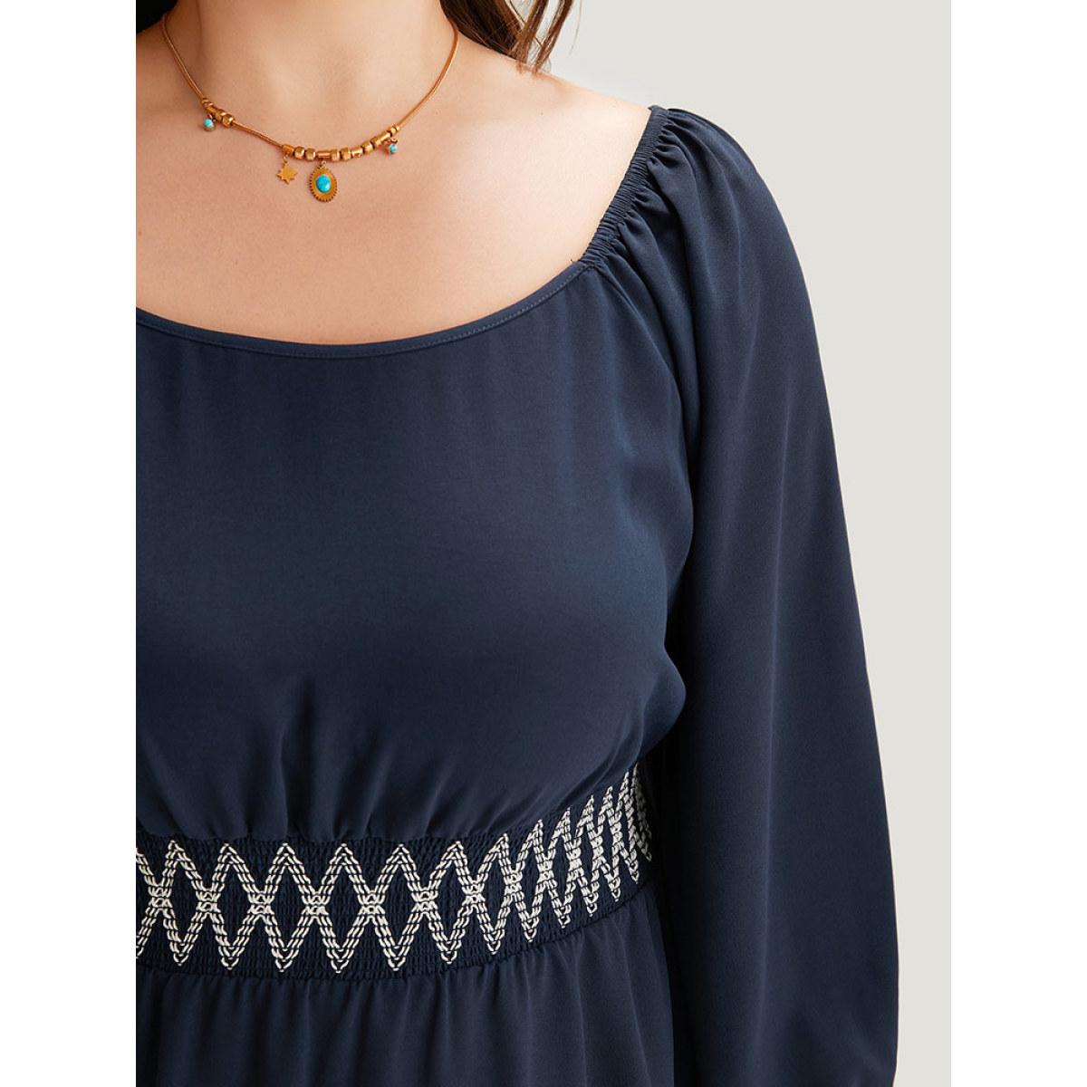 Plus Size Bandana Shirred Square Neck Lantern Sleeve Dress DarkBlue Women Vacation Elastic cuffs Square Neck Long Sleeve Curvy Midi Dress BloomChic 26/4X Product Image