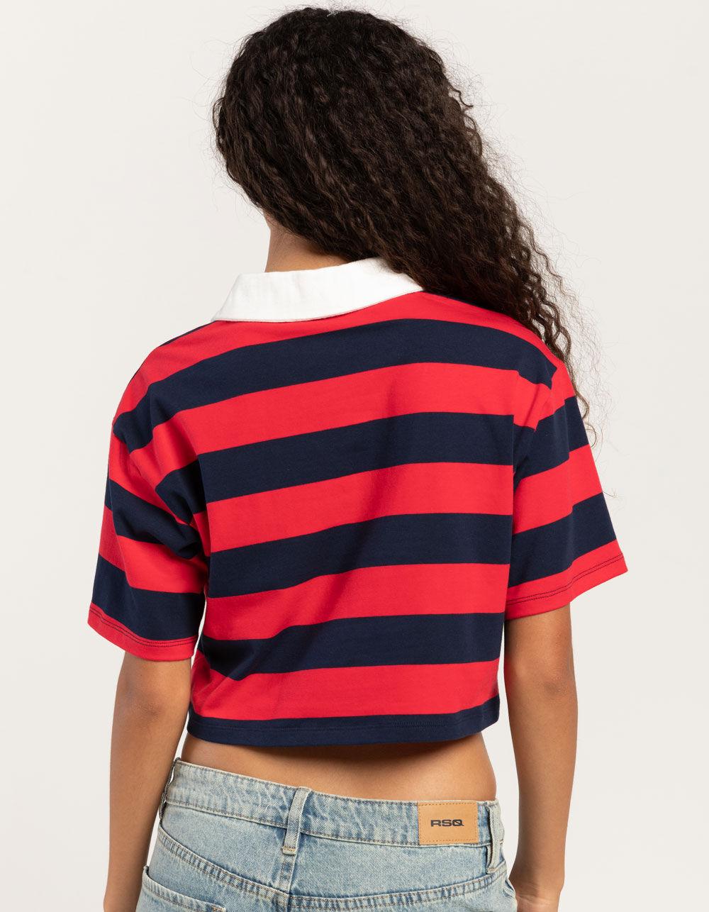 RSQ Womens Stripe Crop Polo Shirt - RED Product Image