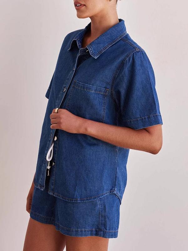 Loose Short Sleeves Split-Joint Lapel Blouses&Shirts Tops Product Image