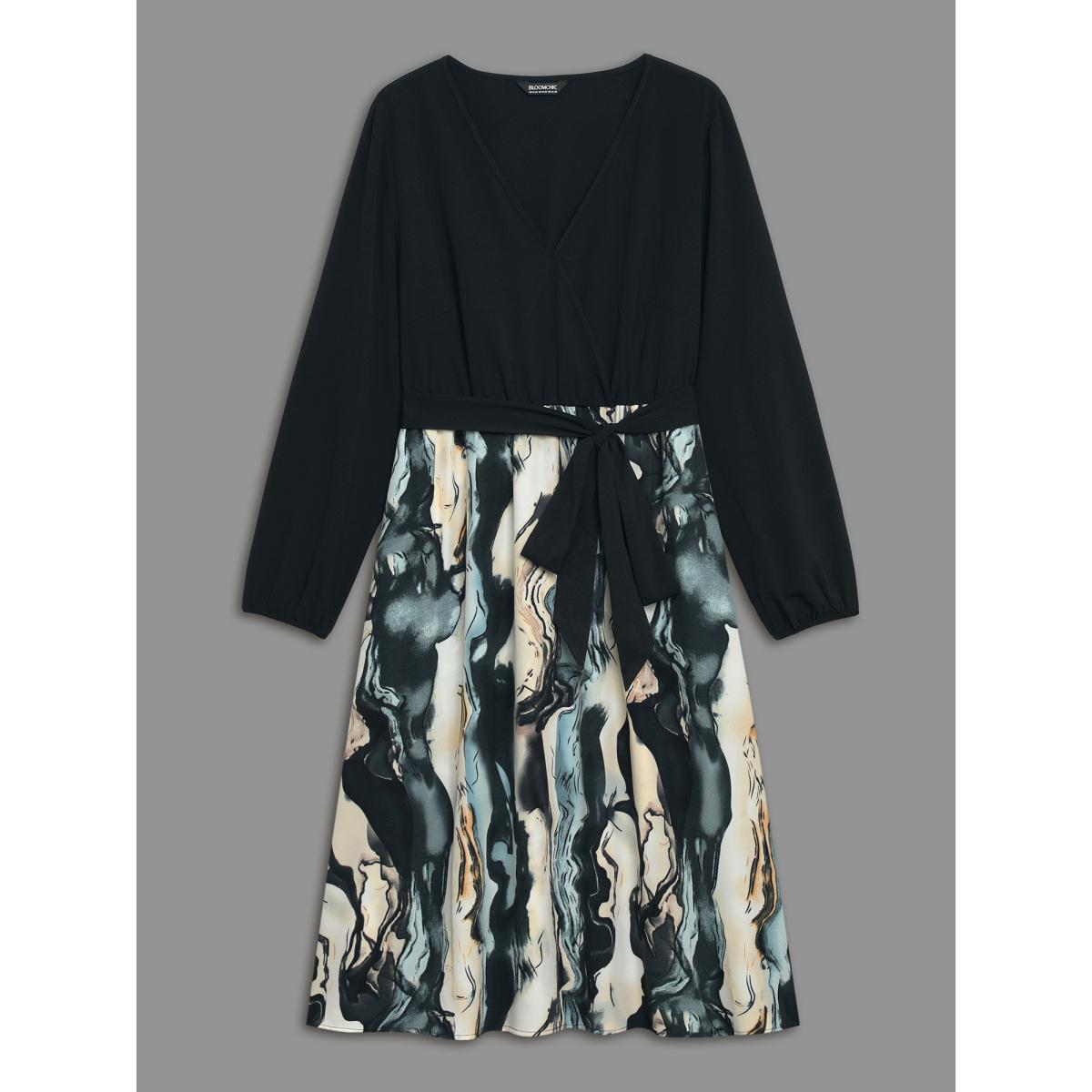 Plus Size Surplice Neck Marble Print Belted Dress Black Women At the Office Belted Overlap Collar Long Sleeve Curvy BloomChic 10/M Product Image